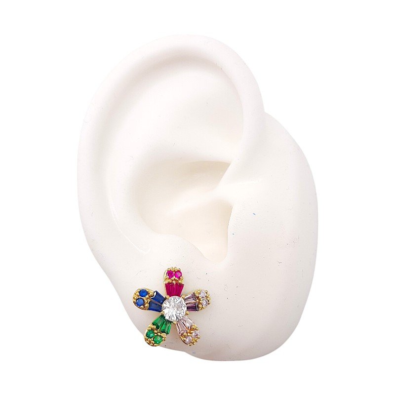 Brinco Flor Cravejada Com Baguetes Colridas