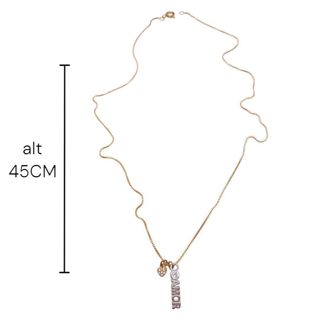 Colar Coração Cravejado E Placa Amor